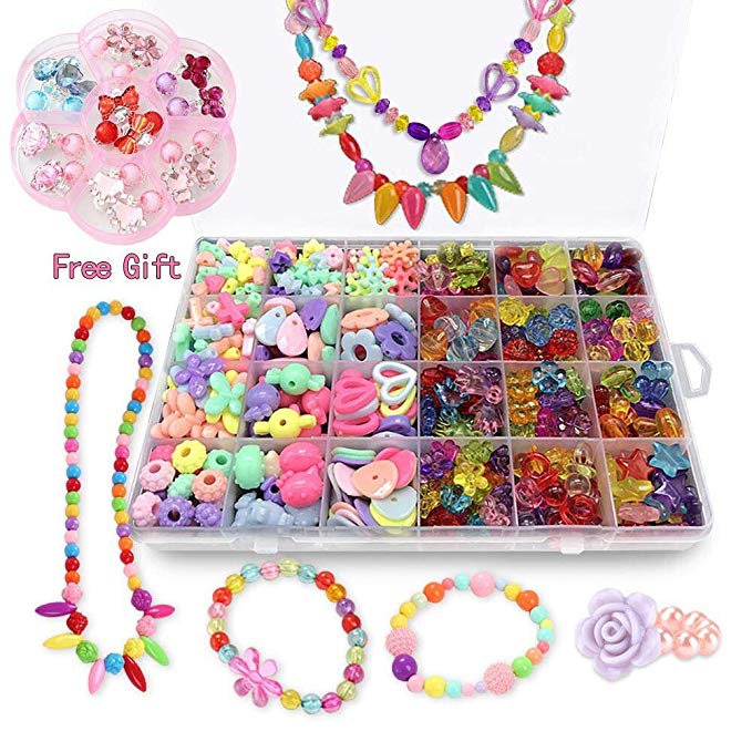 Bead Kits for Jewelry Making - Craft Beads for Kids Girls Jewelry Making Kits Colorful Acrylic Girls Bead Set Jewelry Crafting Set (with Clip-on Earrings)