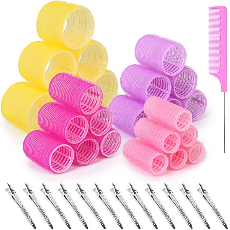 Self Grip Hair Rollers Curlers Set 36Pcs, Heatless Hair Roller Sets 4 Sizes (Jumbo, Large, Medium, Small) with Clips and Comb for Long Medium Short Thick Fine Thin Hair Volume