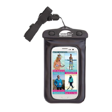 #1 SwimCell 100% Waterproof Phone Case for iPhone and Android. High Quality Pouch for Small Cameras, Money, Keys. Tested to 10M. Certified IPX8. Fits Most Phones 10cm x 15cm (4" x5.5"). Includes all iphones (not 6+), Samsung Galaxy S3, S4, S5, Note 3, LG G2, Nokia 1020, Nexus 5, HTC One, Blackberry Z30, Windows 8X. Includes Long, Adjustable Neck Strap.SCBK01 (Black)