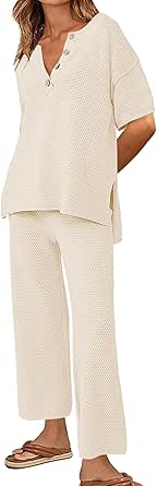 Ekouaer Lounge Set for Women 2 Piece Outfits Knit Short Sleeve Sweater Top Wide Leg Long Pants Pajama Set S-XXL