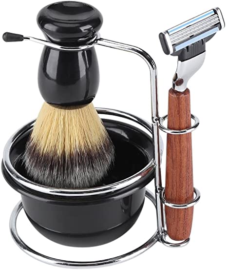 Shaving Razor Set, 4Pcs Shaving Kit Manual Razor with a Wooden Handle Stainess Steel Stand Holder Badger Hair Brush and a Bowl Set for Men