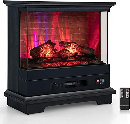 COSTWAY Electric Fireplace with 3-Sided Glass 27-inch Wide, 1400W Freestanding Fireplace Heater with Remote Control, 7-Level Vivid Flame, Thermostat, 0.5-6H Timer, Overheating Protection, Black