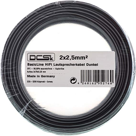 DCSk - 10m - 2 x 2.5mm² - Black Speaker Cable - German Made OFC Copper Speaker Wire for HiFi or Car Audio - AWG 14 Role - 99.99% Insulated Speaker Cable