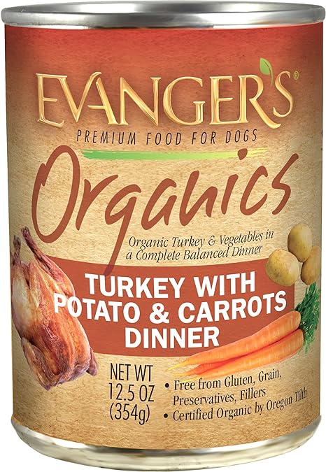 Evanger’s Organics Turkey with Potatoes & Carrots Dinner for Dogs – 12, 12.8 oz Cans