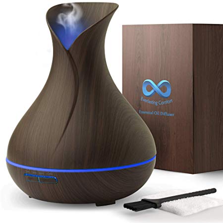 Everlasting Comfort Diffuser for Essential Oils (400ml) - Super High Aroma Output with Cleaning Kit - ETL Certified - Dark Wood