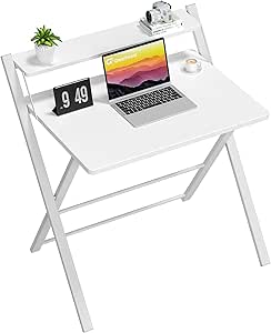 GreenForest Folding Desk No Assembly Required Small Size, 2-Tier Foldable Computer Desk with Shelf for Home Office, Space Saving Portable Laptop Study Foldable Table for Small Spaces, White