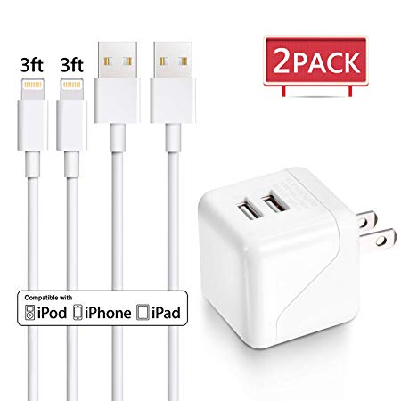 iPhone Charger, Xcords Dual Port Wall Charger Travel Adapter with 2Pack Lightning to USB Cable Charging Cord Compatible with iPhone XS MAX XR X 8 8Plus 7 7Plus SE 6sPlus 6s 6 5s, iPad iPod Nano