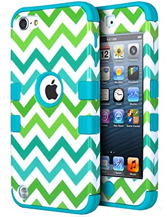 iPod Touch 6 Case,iPod Touch 5 Case ,ULAK [Colorful Series] 3-Piece Style Hybrid Silicon Hard Case Cover for Apple iPod Touch 5 6th Generation_2015 Realeased (Green Wave/Blue)