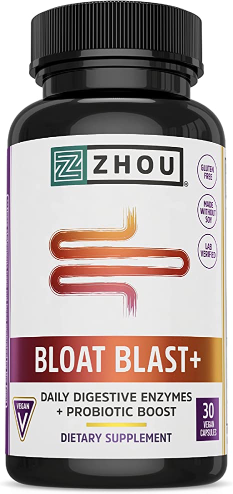 Zhou Nutrition Bloat Blast  Digestive Enzymes with Probiotics, Bloating Relief for Women and Men, Reduce Water Retention and Improve Digestive Health, Vegan, Non-GMO, Gluten Free, 30 Servings