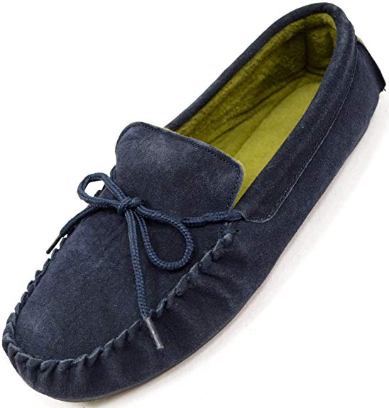 Mens Traditional Genuine Suede Leather Moccasin / Slippers with Rubber Sole