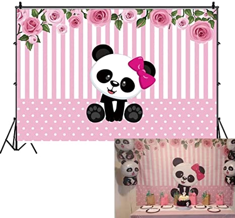 OFILA Pink Panda Backdrop 7x5ft Durable Fabric Panda Party Backdrop Girls Birthday Party Background Panda Baby Shower Backdrop Pink Striped Backdrop