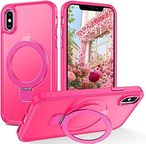 DUEDUE Magnetic Case for iPhone X Case,iPhone Xs Case Compatible with MagSafe,iPhone X/Xs Case with Ring Holder Stand Protective Shockproof Bumper Phone Cover Cases for iPhone Xs/X 5.8 inch,Hot Pink