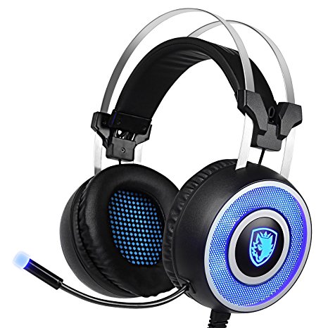 [New Updated USB Computer Headset]SADES A9 Gaming Headset,USB Over Ear Gaming Headphones with Microphone ,7 colors Breathing LED Lighting for Pc(Black and Blue)