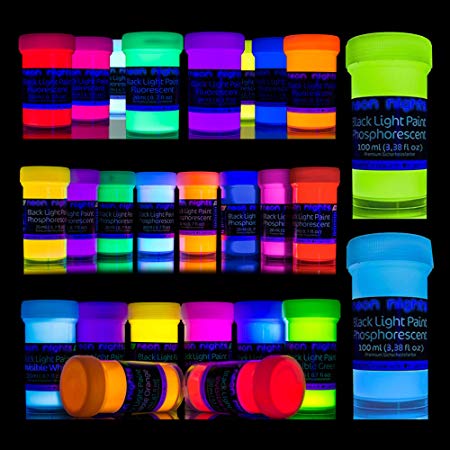 neon nights 'Glow Crafts XXL Set' 26 Cans of Paint | Glow in The Dark   UV Black Light   Invisible Fluorescent Paints | Luminescent, Phosphorescent, Self-Luminous | for Premium Art and Wall Paintings