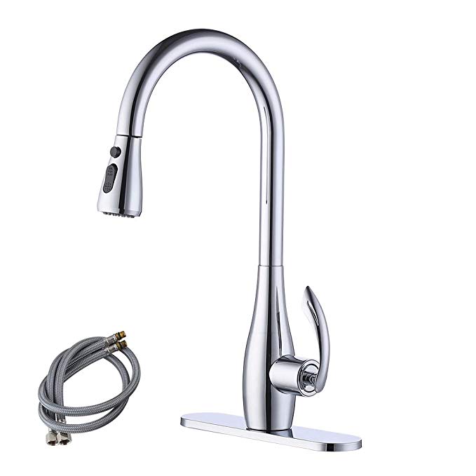 KES cUPC NSF Certified BRASS Singel Lever High Arc Pull Down Kitchen Faucet with Retractable Pull Out Wand Swivel Spout, Chrome, L6938LF-CH