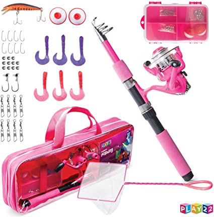 Play22 Kids Fishing Pole Pink - 40 Set Kids Fishing Rod and Reel Combos - Fishing Poles for Youth Kids Includes Fishing Tackle, Fishing Gear, Fishing Lures, Net, Carry On Bag, Fully Fishing Equipment