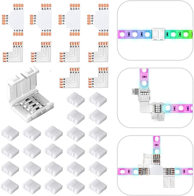 iCreating 24Packs 4 Pin LED Light Strip Connector Kit 10mm with 6X Cuttable L Shape PCB, 4X Cuttable T Shape PCB, Gapless Solderless Adapter Extension Connection for SMD 5050 RGB LED Strip Lights