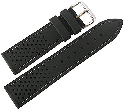 Fluco Germany 22mm Black Silicone Rubber Grey-Stitch Mens Dive Watch Strap