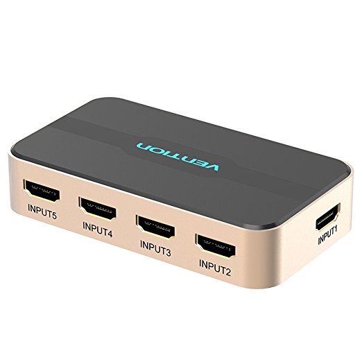 HDMI Switch. Vention HDMI Switcher 5x1 Ports HDMI Switcher 5 Input 1 Output HDMI Splitter Switcher 4K 1080P 3D IR Remote Control for PS3 Xbox 360 Sky Box Freesat Virgin Bluray Player DVD HDTV Projector Camcorder HTPC Laptop