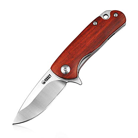 KUBEY Small Folding Pocket Knives, Drop Point Blade and Wood Handle, Ceramic Ball Bearing Flipper and Liner Lock, Good Choice for Outdoor Camping Hiking and Gifts