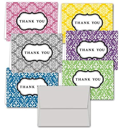 Damask Thank You Note Cards - 36 Thank You Cards - 6 Designs - Blank Cards - Gray Envelopes Included