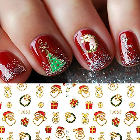 Christmas Nail Stickers - 380PCS 3D Metal Design Self-adhesive Nail Decals Snowflakes Snowmen Santa Xmas Tree Nail Art Stickers Tips Stencil DIY Decoration for Women Kids(10 Sheets)