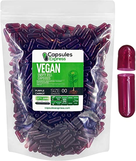 Capsules Express- Size 00 Purple Carrot Empty Vegan Capsules - Vegetarian/Vegetable Pill Capsule - DIY Powder Filling (1000)