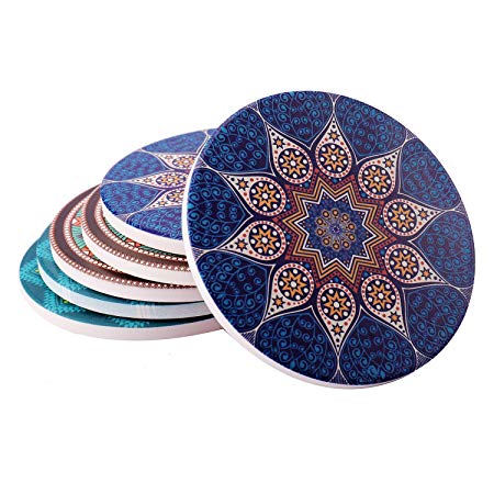 Absorbent Ceramic Coasters for Drinks - 6 Pack Mandala Patterns with Cork Back,Drink spills coasters, Coffee Mug Place Mats