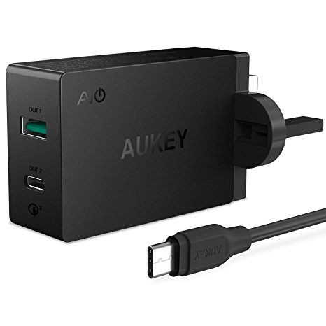 AUKEY Quick Charge 3.0 Type C USB Charger Dual Port for LG, HTC, Nexus, Oneplus; Including a 1m USB C Cable (Black)