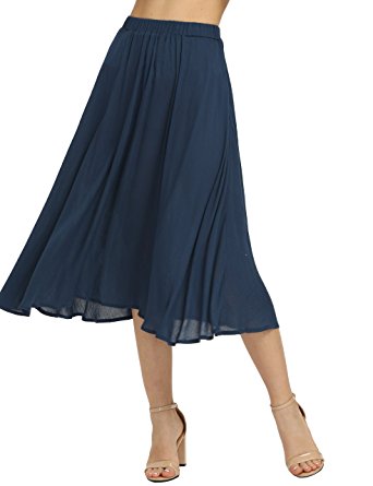 Romwe Women's Casual Summer Elastic Waist Midi Loose Swing Skirt