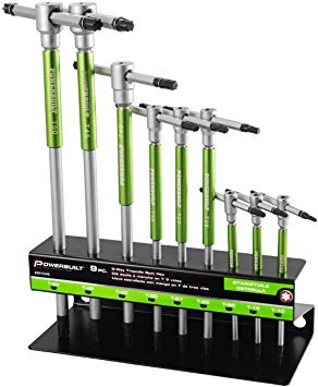 Powerbuilt 9 Pc Torx Star T-Handle Hex Allen Key Wrench Set w/ Speed Sleeves for Fast Spinning Action, Sliding Top Handle for “T” or “L” Shape, Long Shafts, Storage Rack, Auto, Bicycle, Moto - 941646