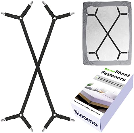 Siaomo Bed Sheet Stays Fasteners - Adjustable Criss-Cross Sheet Holder Fasteners Straps for Full to Queen to California King - Fitted Flat Sheet Keeper Clips Grippers (2Pcs Long Black)