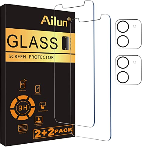 Ailun 2 Pack Screen Protector Compatible for iPhone 12[6.1 inch]   2 Pack Camera Lens Protector,Tempered Glass Film,[9H Hardness] - HD