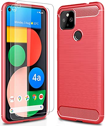 Thinkart Phone Case for Pixel 4A 5G Case with HD Screen Protector (Two Packs) (Not for Pixel 4A 4G),Soft TPU Slim Fashion Non-Slip Protective Phone Case Cover for Google Pixel 4A 5G Version-Red