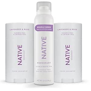 Native Deodorant & Whole Body Spray (Bundle 3-Pack) | 72 Hour Odor Control, Lavender & Rose Deodorant and Lilac & White Tea