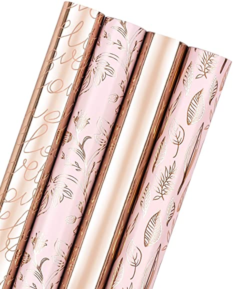 WRAPAHOLIC Wrapping Paper Roll - Metallic Rose Gold and Pink Set for Birthday, Holiday, Wedding, Baby Shower - 4 Rolls - 30 inch X 120 inch Per Roll
