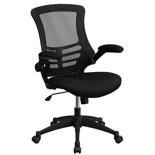 Mid-Back Black Mesh Swivel Task Chair with Mesh Padded Seat and Flip-Up Arms (Renewed)