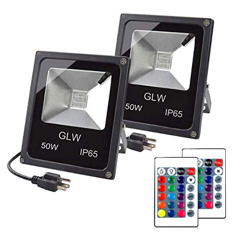GLW LED RGB Flood Light, 50W Outdoor Color Changing Lights with Remote Control, IP65 Waterproof Dimmable Wall Washer Light, Flood Lamp 16 Colors 4 Modes with US 3-Plug(2 Pack)