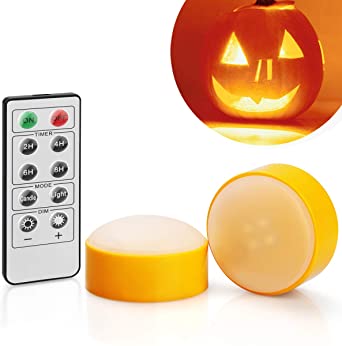 [2-Pack] Halloween LED Pumpkin Lights with Remote and Timer, Battery Operated Orange Jack-O-Lantern Light for Halloween Decor, Flameless Candles for Pumpkin Decoration