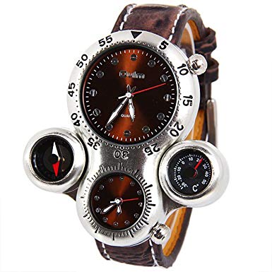 Fanmis Military Sport Analog Quartz Wrist Watch Compass and Thermometer Function Brown Leather Strap
