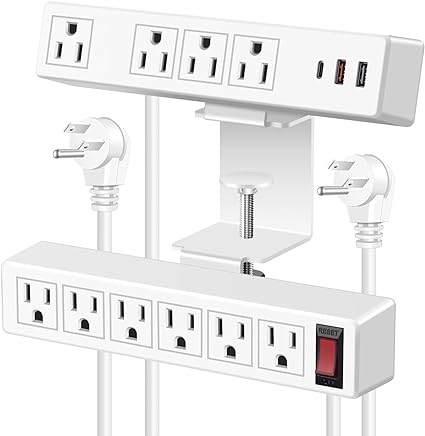 White 2 in 1 Dual Layer Desktop Edge Power Strip, VILONG Removable Clamp Power Outlet Socket Under Desk 6AC Outlests with Switch & 4 AC Outlets 2 USB-A Ports, 1 USB-C Por, 3FT Cord