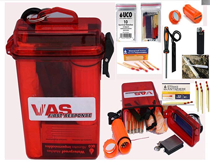 VAS Fire Box - - Emergency Fire Starting Kit in a Waterproof Case |Fire Starters | UCO Survival, Waterproof & Strike Anywhere Matches | Match Container with Signal Mirror | Kindle Pons | Button Compa