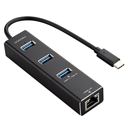 DODORO 3-Port USB 3.0 Portable USB-C Hub with RJ45 Gigabit Ethernet Converter LAN Wired Network Adapter Aluminum Alloy Case for Macbook, Mac Pro / mini, iMac, XPS, Surface Pro, Notebooks, Desktop PCs