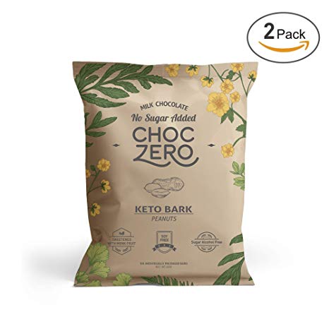 ChocZero's Keto Bark, Milk Chocolate Peanuts, 100% Stone-Ground, No Added Sugar, Low Carb, No Sugar Alcohols, No Added Sugar, (2 bags, 6 servings each)