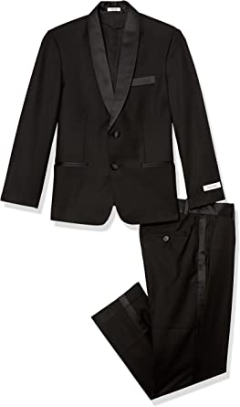 Calvin Klein Boys' 2-Piece Formal Tuxedo Suit Set, Includes Jacket & Dress Pants, Satin Trim Detailing & Functional Pockets