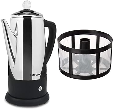 Elite Gourmet EC812 Electric Coffee Percolator, Clear Brew Progress Knob Cool-Touch Handle Cord-less Serve, 12-Cup, Stainless Steel & Tops Perma-Brew 3 Year Re-useable Coffee Filter