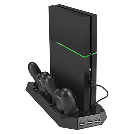 Mofir 2 in 1 PS4 Gaming Cooler Fan for PS4/PS4 Slim Vertical Controller Charging Stand with 3 HUB Ports and Dual Cooling Fan