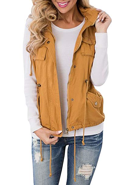 Tutorutor Women's Military Safari Vest Utility Lightweight Sleeveless Hooded Drawstring Jackets with Pocket