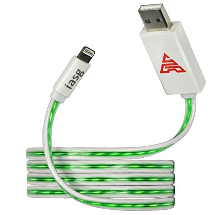 Iasg Apple Certified Flat Visible LED Lighted Up Lightning to USB Cable, 3.3 Feet(1 Meter) - Green Light
