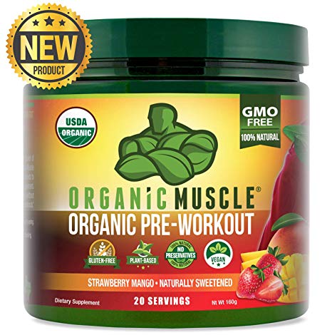 ORGANIC MUSCLE #1 Rated Organic Pre Workout Powder – **New Flavor** Natural Vegan Keto Pre-Workout & Organic Energy Supplement for Men & Women- Non-GMO, Paleo, Plant Based – Strawberry Mango – 160g